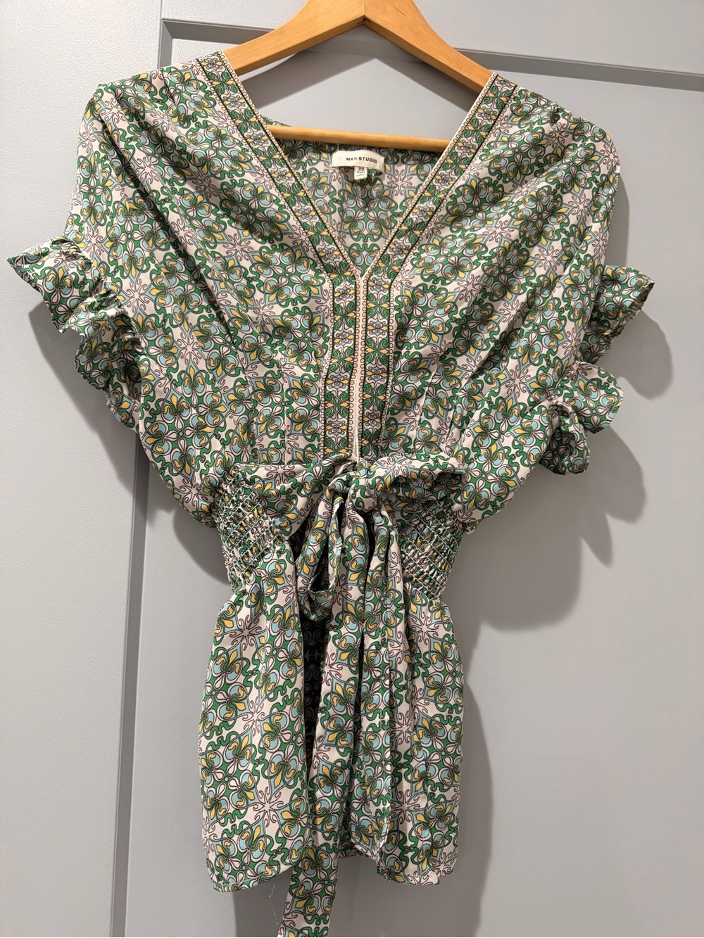 Max Studio Green and Yellow Floral Tie-Front Blouse XS